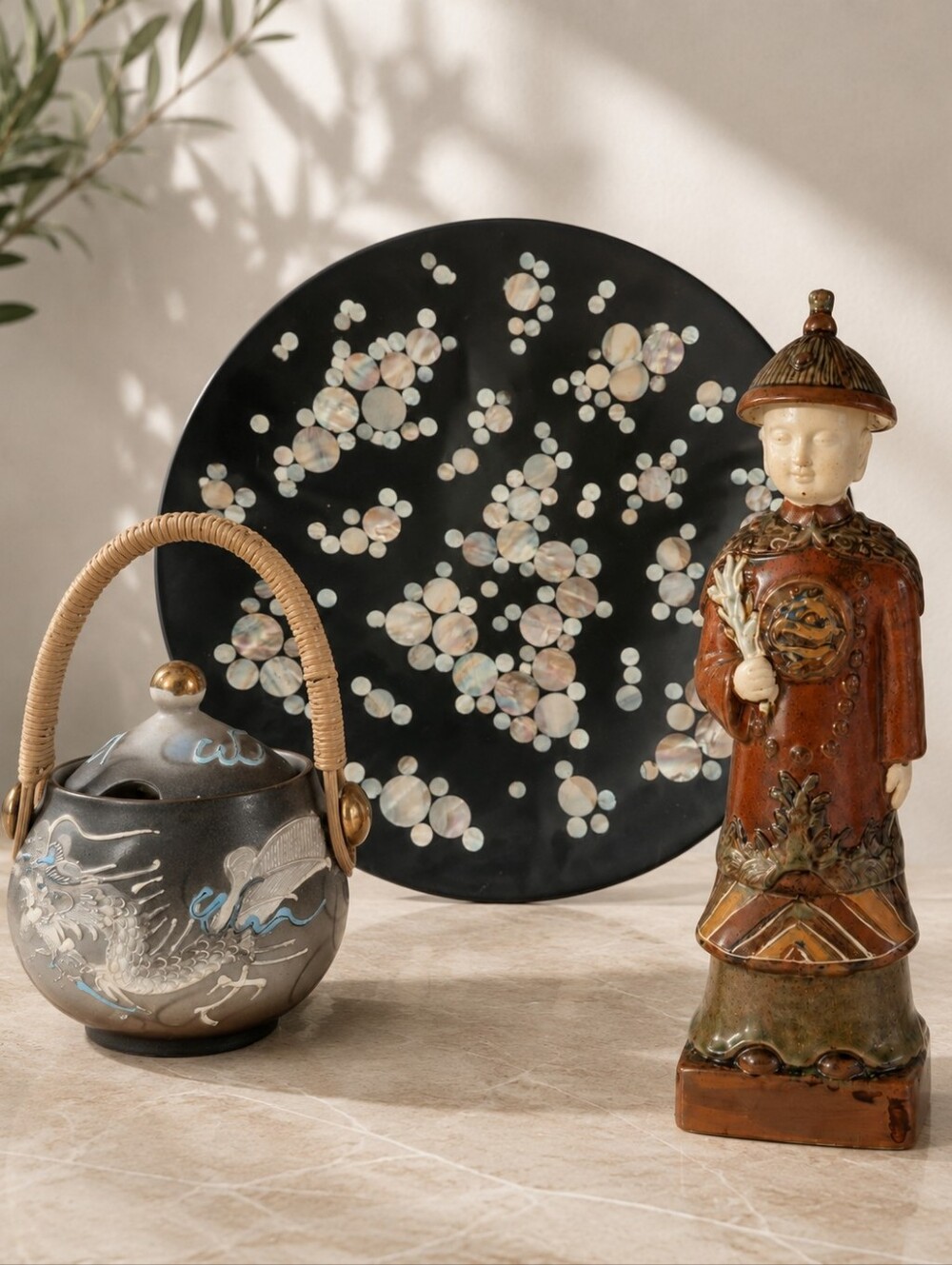 3pc Vintage 1940s Shofu Dragonware Teapot & Chinoiserie Porcelain Decor Set